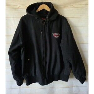 Snap On Tools Vtg XL Black Canvas Hooded Jacket Quilt Lined Workwear Hoodie Euc